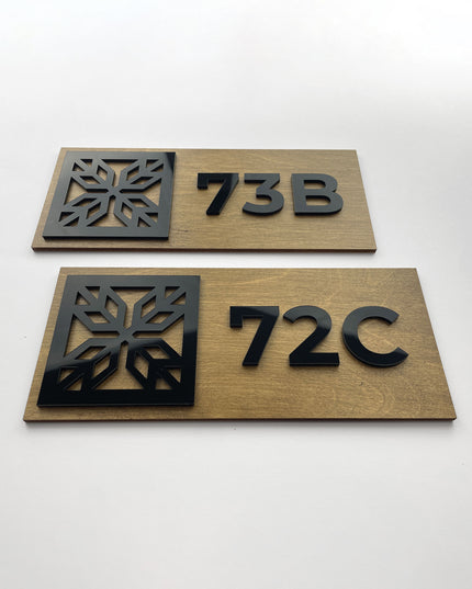 ALUMADESIGNCO premium custom room number sign made from wood and acrylic with raised numbers, modern door signage for hotels, apartments, Airbnb properties, and offices