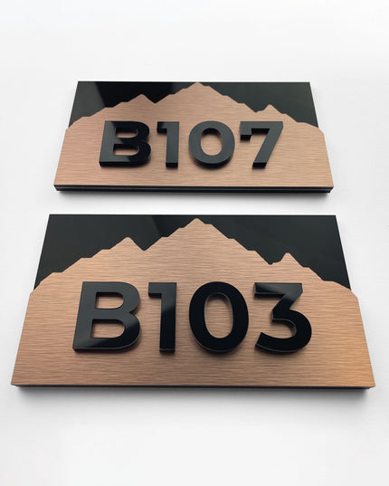 ALUMADESIGNCO Alpine Design bronze and acrylic glass suite number plaque with minimalist modern style, premium signage for hotels and apartments