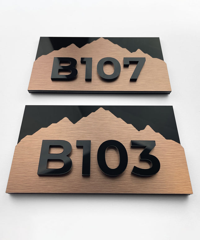 ALUMADESIGNCO Alpine Design bronze and acrylic glass suite number plaque with minimalist modern style, premium signage for hotels and apartments