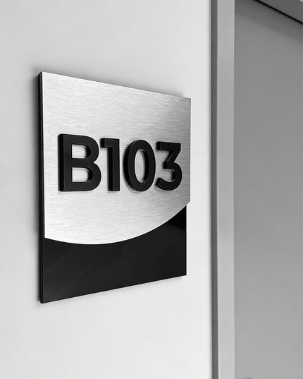 ALUMADESIGNCO brushed silver luxury room number sign with minimalist modern design, premium signage for boutique hotels and apartment buildings