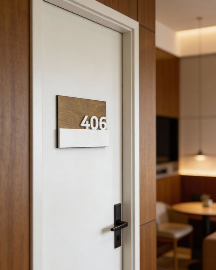 ALUMADESIGNCO Horizon birch wood room number sign with glossy white acrylic glass numbers, premium modern signage for hotels, Airbnb properties, and offices