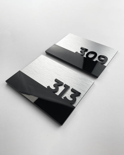 Modern Horizon Design brushed silver door number sign by ALUMADESIGNCO combining aluminum panel and acrylic numbers, stylish signage for contemporary interiors