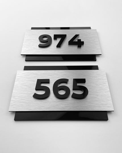 Premium brushed metal and acrylic room number sign by ALUMADESIGNCO, modern door plaque for hotels, apartments, and office spaces
