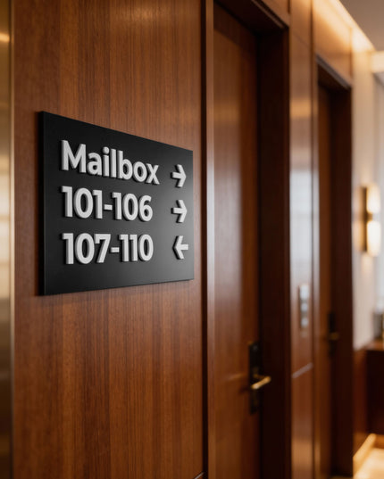 Modern black and white wayfinding wall sign by ALUMADESIGNCO featuring elegant plaque design, directional signage for hotels, offices, and contemporary interiors
