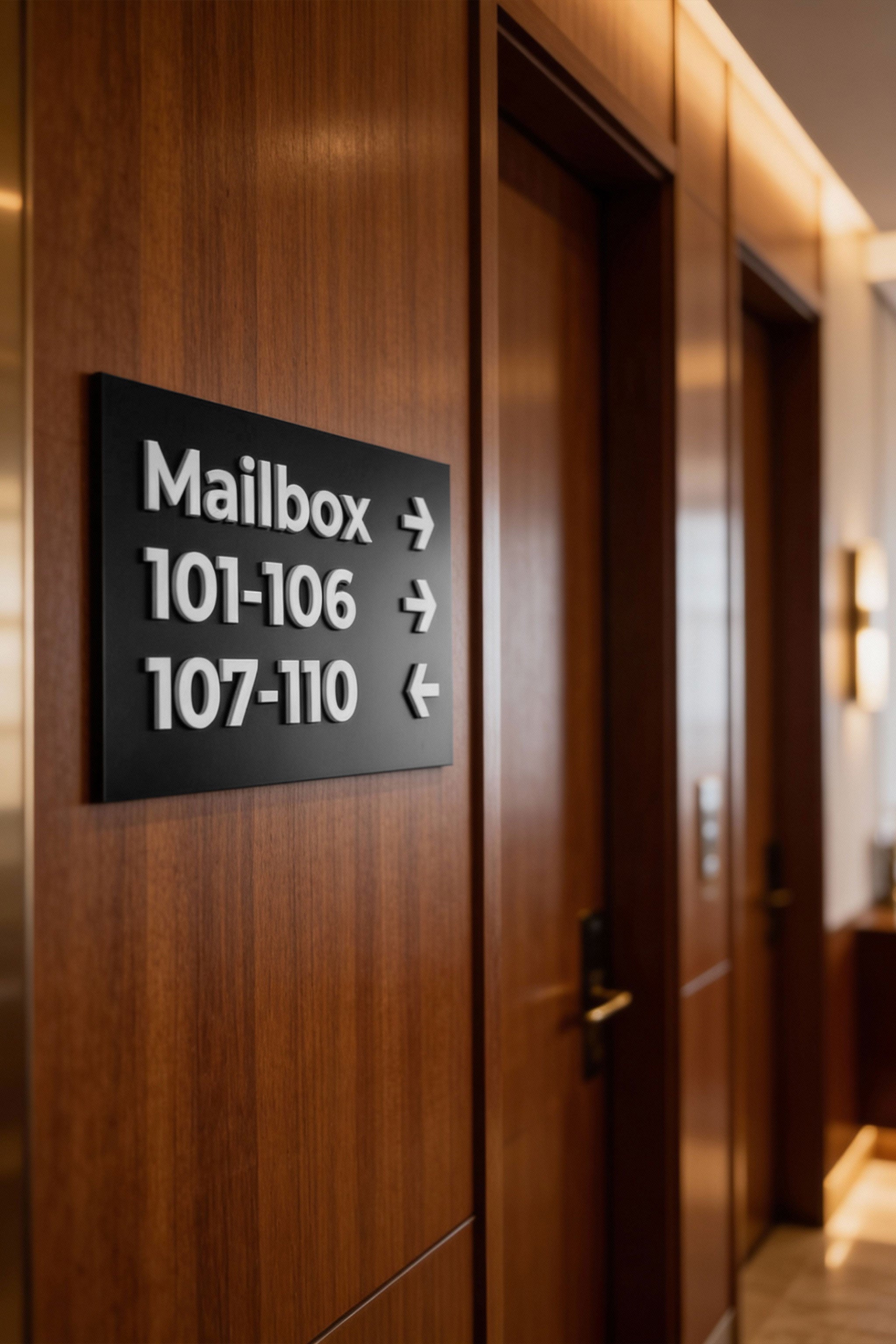 Modern black and white wayfinding wall sign by ALUMADESIGNCO featuring elegant plaque design, directional signage for hotels, offices, and contemporary interiors