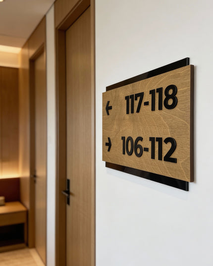 Modern birch wood wayfinding sign by ALUMADESIGNCO, premium directional signage for hotels, offices, corridors, and contemporary interiors