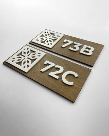 Premium wooden suite number sign by ALUMADESIGNCO with white acrylic glass numbers, modern door signage for hotels and apartment buildings
