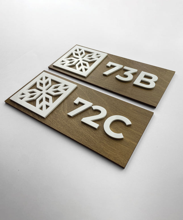 Premium wooden suite number sign by ALUMADESIGNCO with white acrylic glass numbers, modern door signage for hotels and apartment buildings