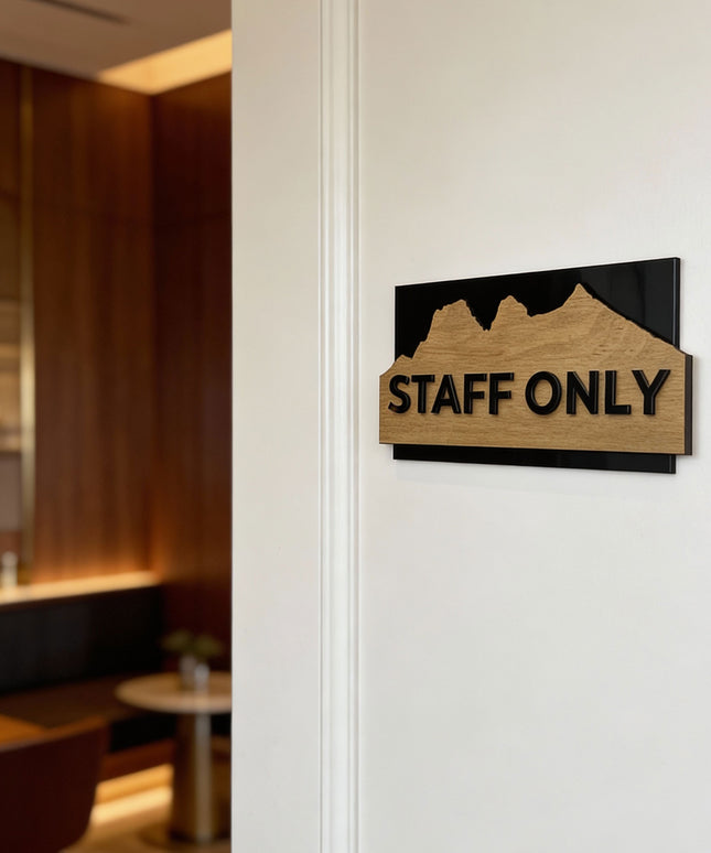 Premium interior door plaque by ALUMADESIGNCO featuring birch wood and black acrylic text, modern signage for workspaces, hospitality interiors, and homes