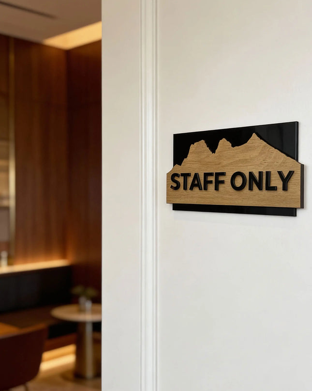 Premium interior door plaque by ALUMADESIGNCO featuring birch wood and black acrylic text, modern signage for workspaces, hospitality interiors, and homes