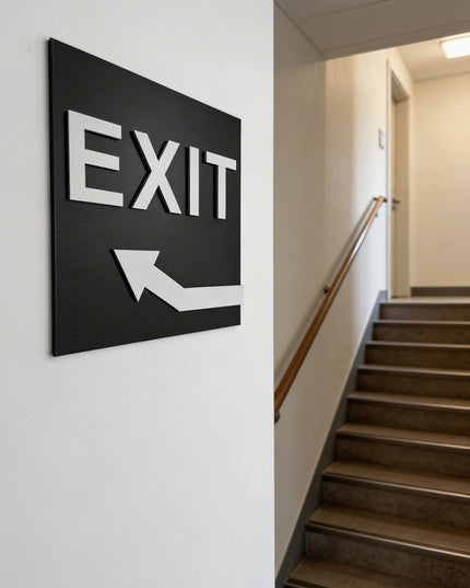ALUMADESIGNCO exit sign for doors and walls with upstairs arrow, premium wayfinding signage for offices, hotels, apartments, and commercial spaces