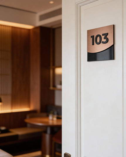 ALUMADESIGNCO contemporary bronze and acrylic glass suite number plaque with minimalist modern design, premium signage for hotels and apartments