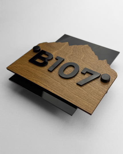 Premium customisable Alpine wooden wall number sign by ALUMADESIGNCO featuring natural wood plaque and 3D acrylic numbers for hotel rooms and apartment doors