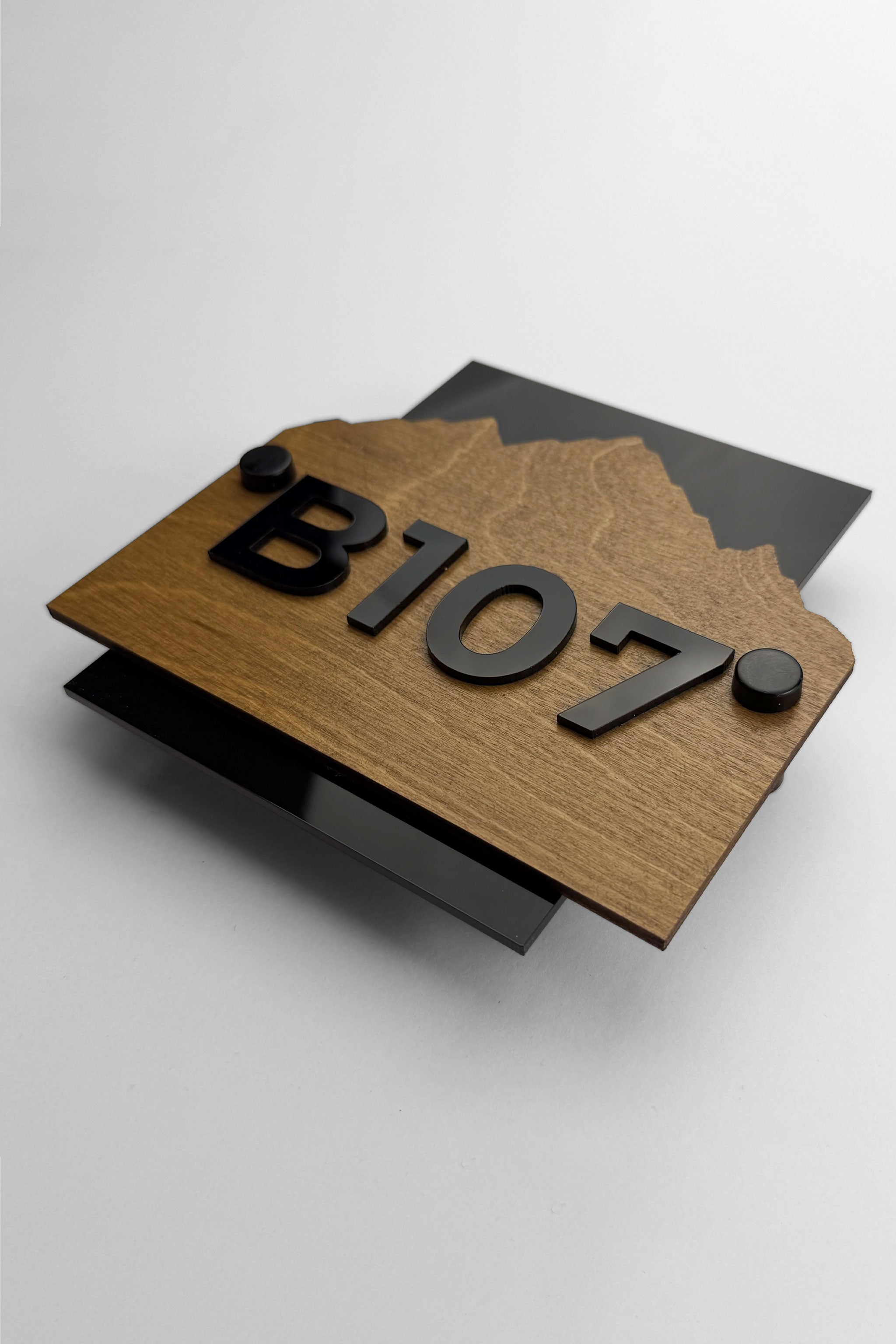 Premium customisable Alpine wooden wall number sign by ALUMADESIGNCO featuring natural wood plaque and 3D acrylic numbers for hotel rooms and apartment doors