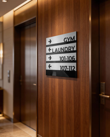 ALUMADESIGNCO premium wall plaque wayfinding sign with minimalist Modern Design, stylish directional signage for offices, hotels, and interior spaces