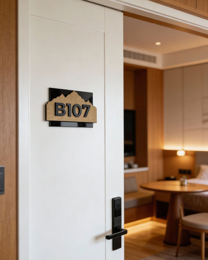Modern Alpine Design hotel room number plaque by ALUMADESIGNCO combining birch wood and precision cut black acrylic numbers, elegant Scandinavian door number sign for boutique hotels and Airbnb properties