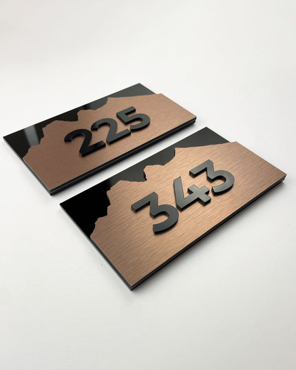 ALUMADESIGNCO Alpine Design brushed bronze room number sign with minimalist modern style, premium signage for luxury hotels and apartment buildings