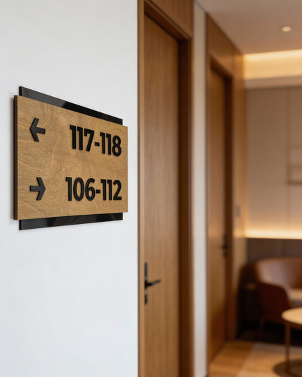 ALUMADESIGNCO directional way sign in birch wood, premium wayfinding signage for offices, hotels, apartments, and contemporary interiors