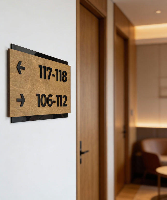 ALUMADESIGNCO directional way sign in birch wood, premium wayfinding signage for offices, hotels, apartments, and contemporary interiors