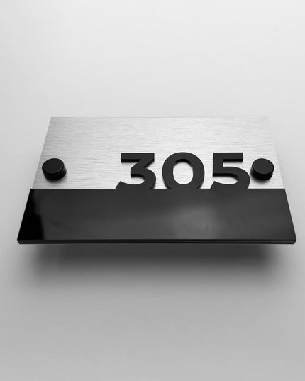 Premium Horizon Design brushed silver unit wall number sign by ALUMADESIGNCO featuring raised acrylic numbers and standoff mounting, modern signage for hotels and apartments