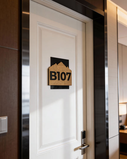 ALUMADESIGNCO custom wooden room number sign Alpine Design with minimalist modern style, elegant signage for hotels, apartments, and office interiors