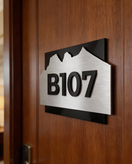 ALUMADESIGNCO modern Alpine suite number plaque with minimalist design, elegant door signage for hotel suites, Airbnb properties, and apartment buildings