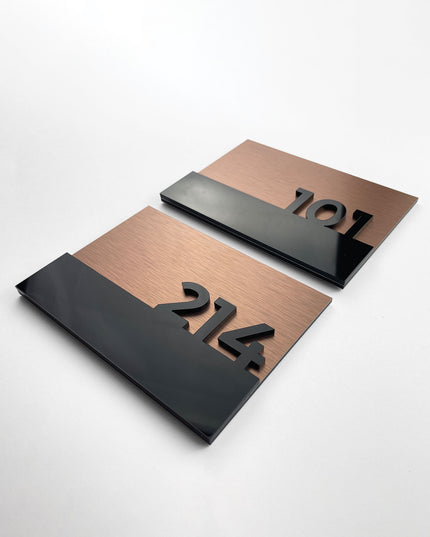 ALUMADESIGNCO modern suite door number plaque with brushed bronze metal panel and acrylic glass numbers, premium signage for hospitality interiors