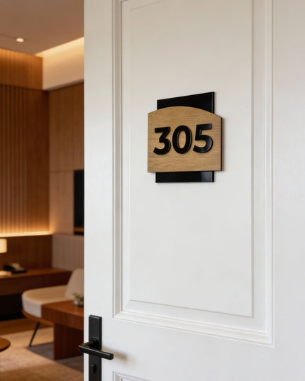 ALUMADESIGNCO personalized wood and acrylic door number sign with 3D black acrylic numbers mounted on birch plywood, modern door plaque for hotel corridors, apartments, and interior spaces