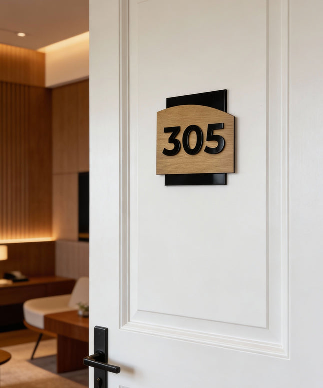 ALUMADESIGNCO personalized wood and acrylic door number sign with 3D black acrylic numbers mounted on birch plywood, modern door plaque for hotel corridors, apartments, and interior spaces