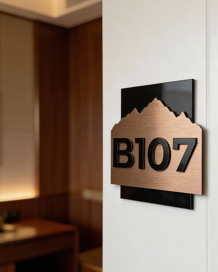 ALUMADESIGNCO Alpine Design luxury bronze hotel door number sign with raised acrylic numbers, premium signage for hotels, Airbnb properties, apartments, and office doors