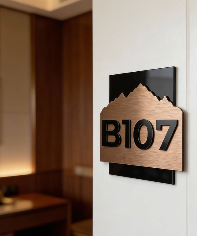 ALUMADESIGNCO Alpine Design luxury bronze hotel door number sign with raised acrylic numbers, premium signage for hotels, Airbnb properties, apartments, and office doors