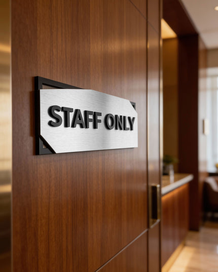 Modern office door sign by ALUMADESIGNCO combining layered materials and acrylic text, stylish signage for offices, studios, and contemporary interiors