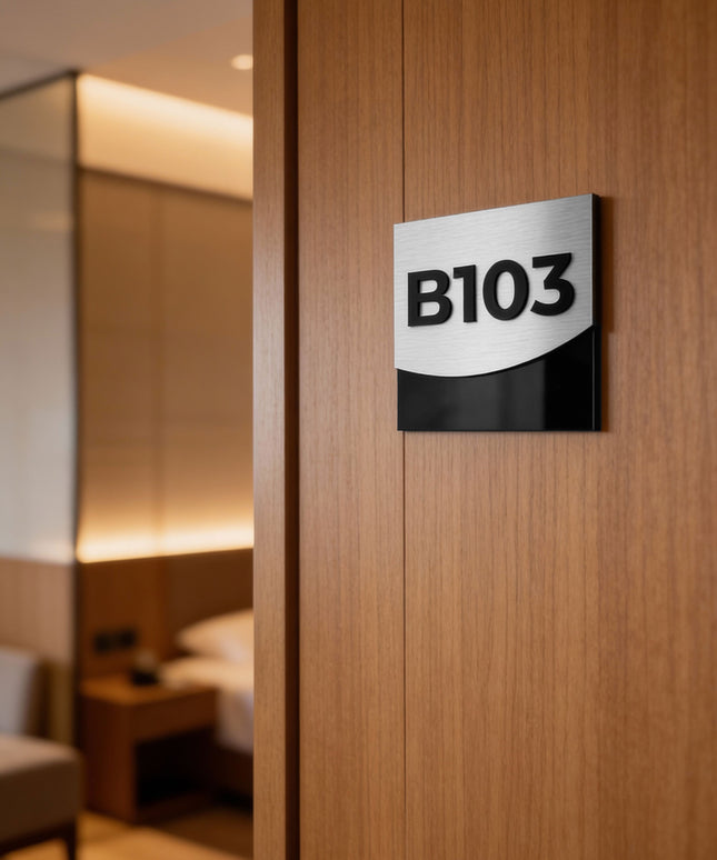 ALUMADESIGNCO brushed silver luxury hotel room number sign with raised acrylic numbers, premium door signage for boutique hotels, apartments, and office interiors