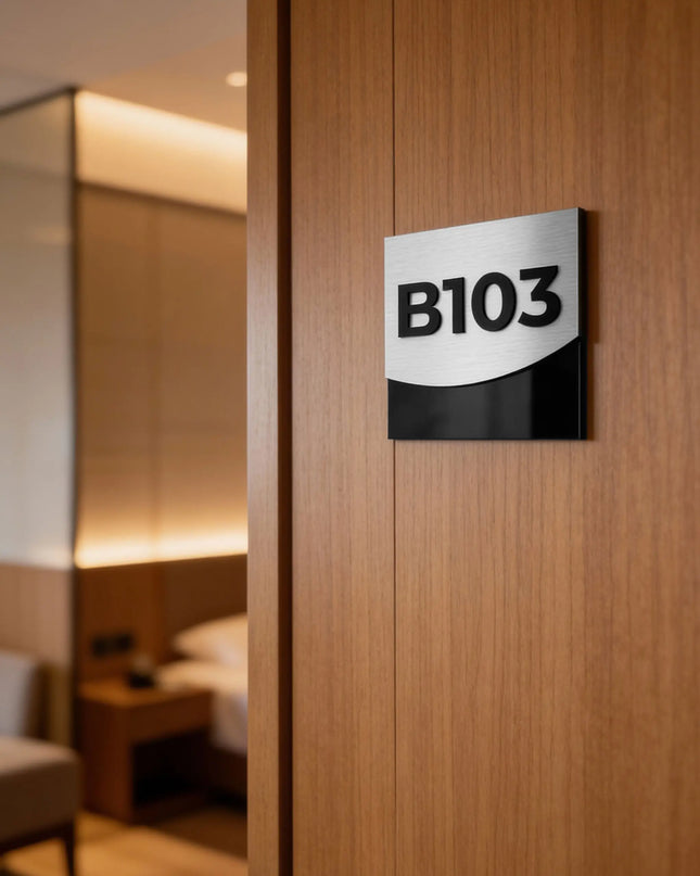 ALUMADESIGNCO brushed silver luxury hotel room number sign with raised acrylic numbers, premium door signage for boutique hotels, apartments, and office interiors