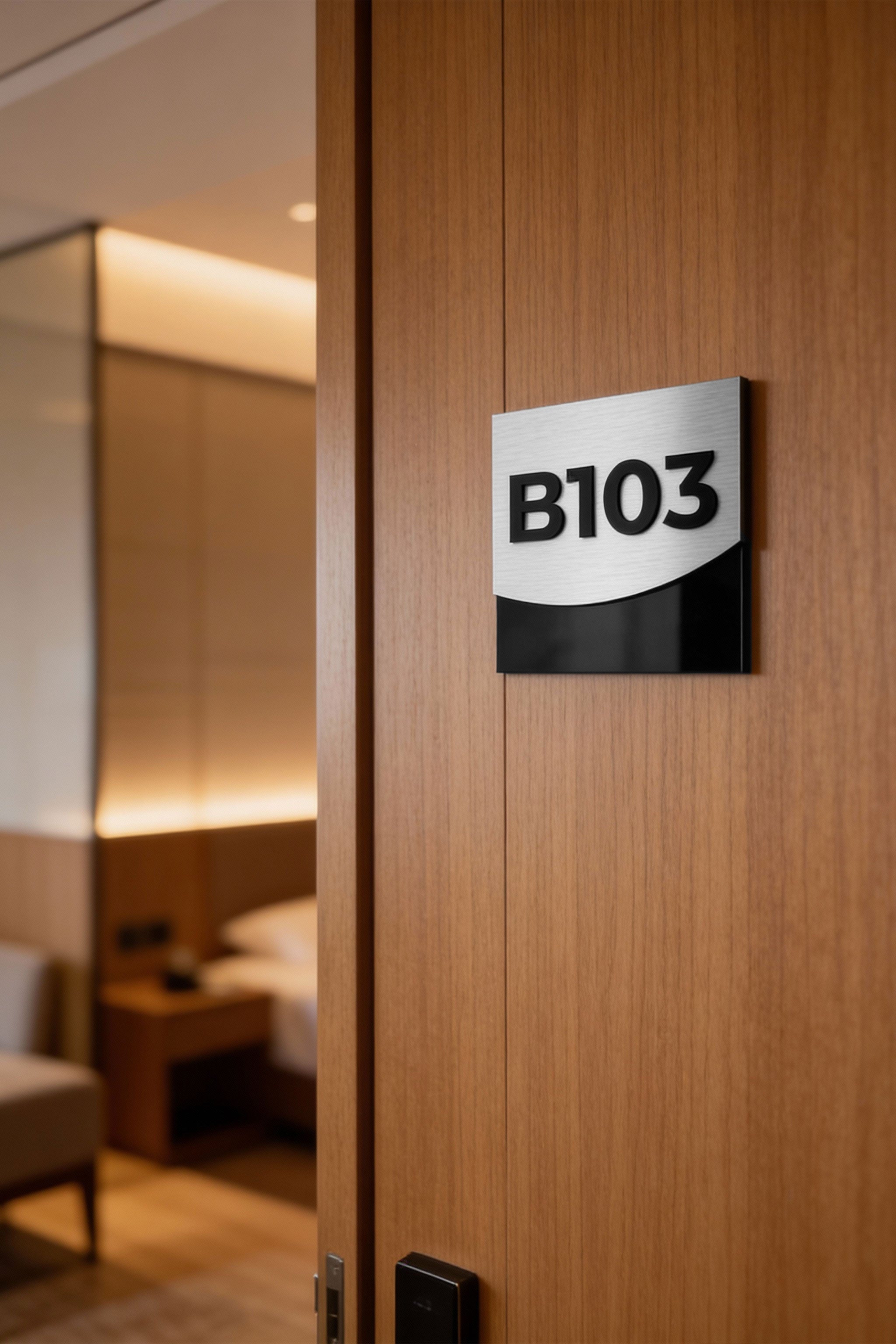 ALUMADESIGNCO brushed silver luxury hotel room number sign with raised acrylic numbers, premium door signage for boutique hotels, apartments, and office interiors
