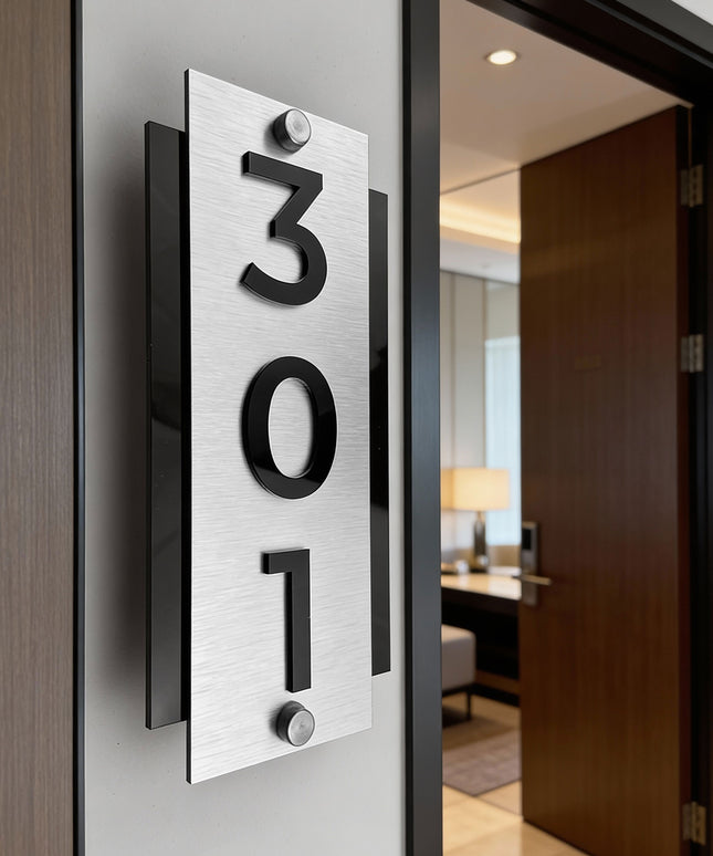 ALUMADESIGNCO modern vertical hotel room number sign with brushed silver plaque and acrylic numbers, standoff mounted door signage for hotels and apartments