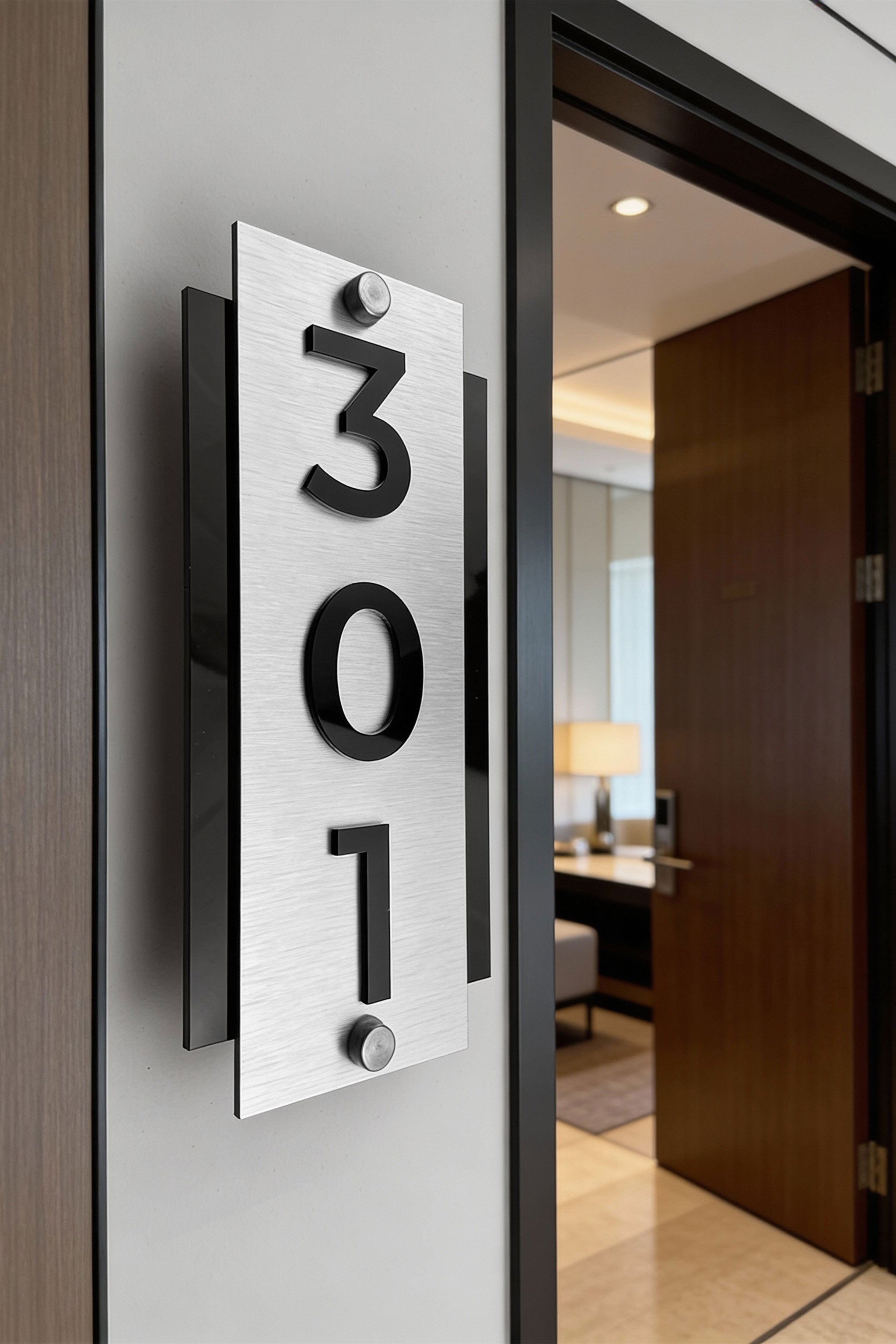 ALUMADESIGNCO modern vertical hotel room number sign with brushed silver plaque and acrylic numbers, standoff mounted door signage for hotels and apartments