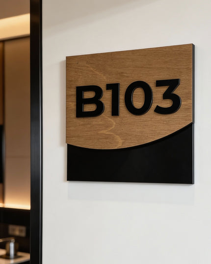 Modern hotel door number sign in wood and acrylic Flow Design by ALUMADESIGNCO for apartments, hotels, and contemporary interiors