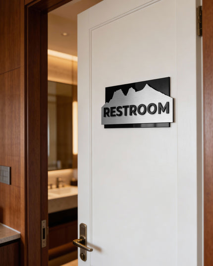 ALUMADESIGNCO custom Alpine door plaque with minimalist modern design, signage for staff only, office, restroom, and interior spaces in hotels and offices