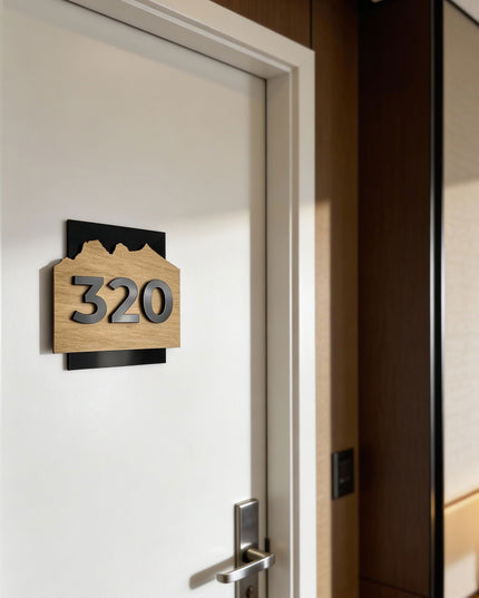 ALUMADESIGNCO Alpine Design modern wood and acrylic door number sign with 3D black acrylic numbers mounted on birch plywood, stylish hotel room number plaque for contemporary architecture and interior design