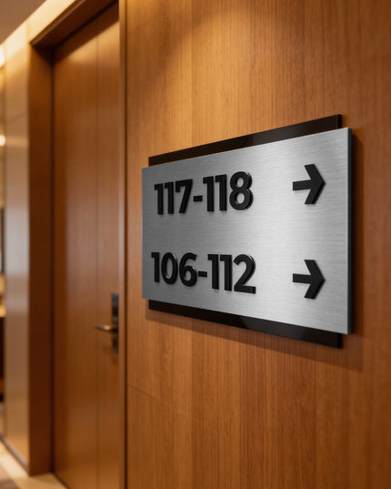 ALUMADESIGNCO brushed silver and black acrylic custom directional plaque with minimalist modern design, premium wayfinding signage for offices, apartments, and hotels