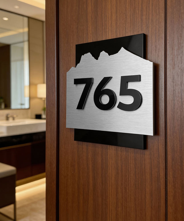 ALUMADESIGNCO Alpine Design brushed silver hotel room number sign with black acrylic characters, modern door signage for boutique hotels, Airbnb properties, and apartments