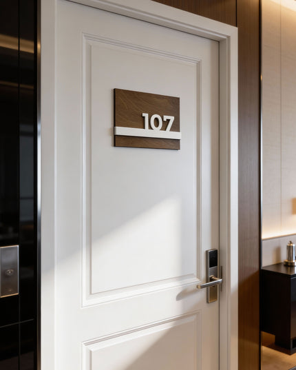 ALUMADESIGNCO Horizon wood room number sign with glossy white acrylic numbers, premium modern signage for hotels, apartments, and Airbnb properties