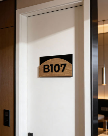ALUMADESIGNCO Flow birch plywood room number sign with black acrylic glass numbers, premium modern signage for hotels, Airbnb properties, and apartments