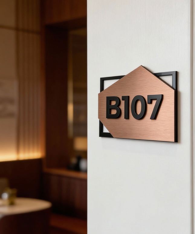 ALUMADESIGNCO brushed bronze and acrylic glass room number sign with minimalist modern design, premium signage for hotels, Airbnb properties, and offices