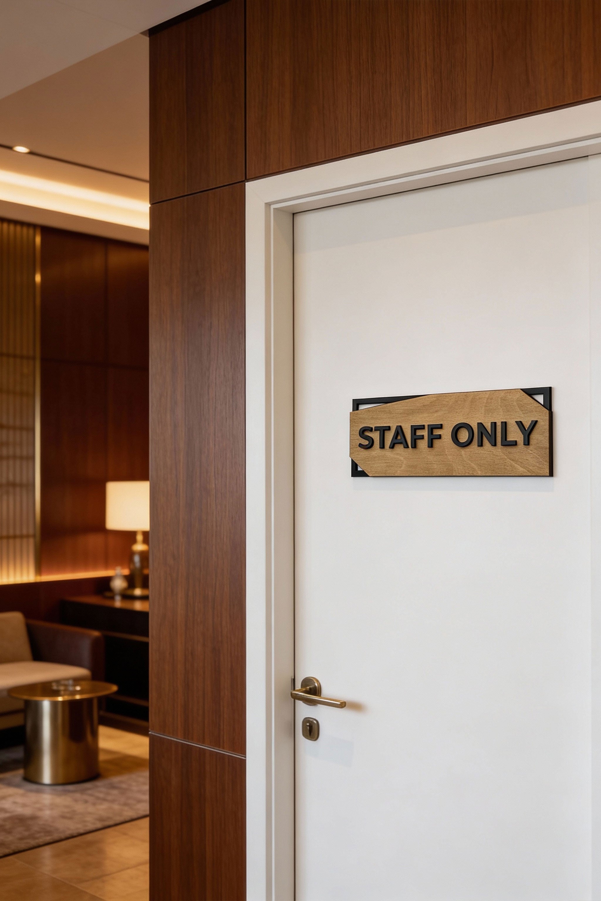 Premium minimalist room plaque by ALUMADESIGNCO featuring birch wood and black acrylic text, modern door signage for interiors and workspaces