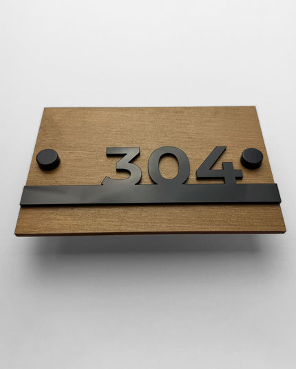 ALUMADESIGNCO Horizon Design wooden standoff door number plaque with raised acrylic characters, modern apartment and hotel room signage for contemporary interiors