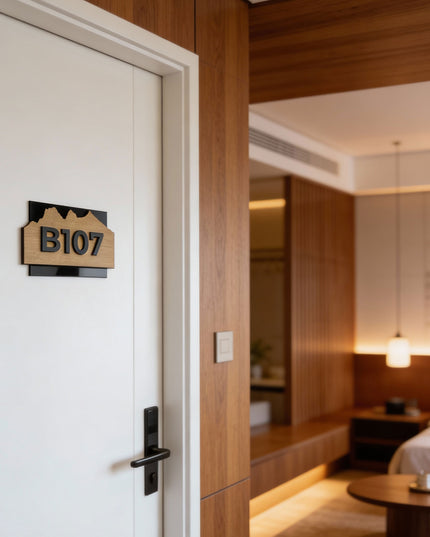 ALUMADESIGNCO Alpine birch plywood hotel room number sign with black acrylic glass numbers, modern door signage for boutique hotels and residential interiors