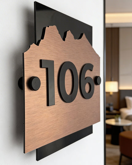 Brushed bronze and acrylic standoff wall number sign Alpine Design by ALUMADESIGNCO, modern hotel door number plaque for boutique hotels and apartments