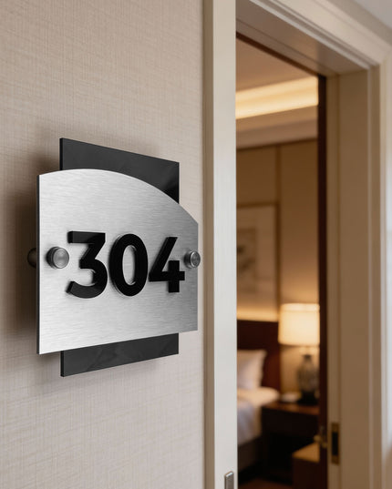 Modern Flow Design hotel door number sign by ALUMADESIGNCO combining brushed silver aluminum and raised acrylic numbers, elegant signage for hotel rooms and offices